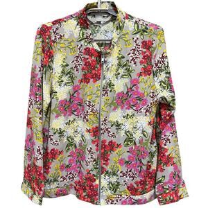 Vintage Kikit Top Size M Green Pink Floral All Over Print  Full Zip Long Sleeve